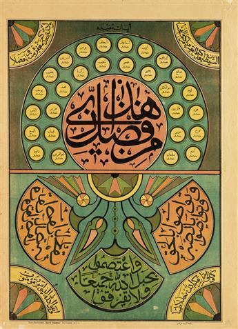 DESIGNERS UNKNOWN. [SURAH AL - FATIHAH / HELPFUL VERSES.] Two posters. Circa 1911. Each approximately 21x27 inches, 54x70 cm. Karimov